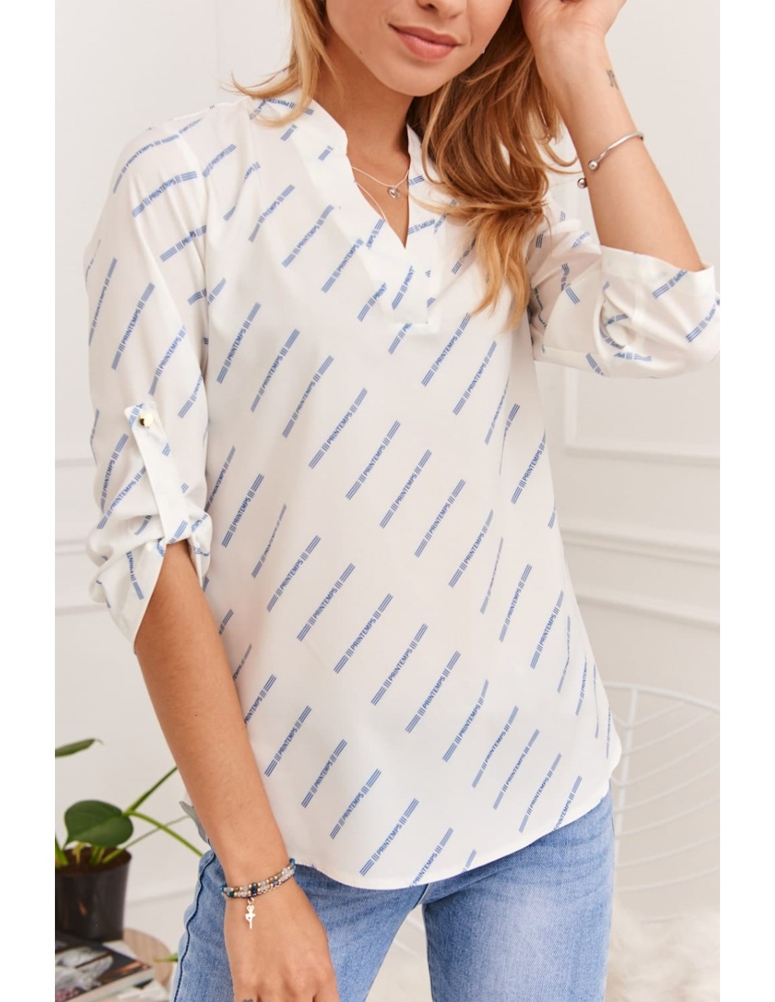 Airy patterned shirt blouse, cream and blue 0493 - Online store - Boutique